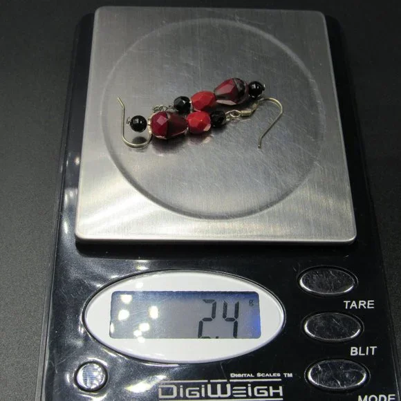 Sterling Silver Red Black Faceted Stone Dangle Earrings Vintage - Picture 5 of 5